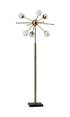 64" Brass Six Light LED Novelty Floor Lamp with white glass globe shades, featuring a modern starburst design and a black bas