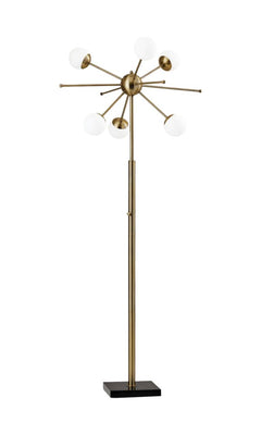 64" Brass Six Light LED Novelty Floor Lamp with white glass globe shades, featuring a modern design and a sturdy black base.