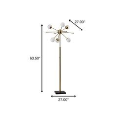 64" Brass Six Light LED Novelty Floor Lamp with white glass globe shades, featuring a modern design and black base.