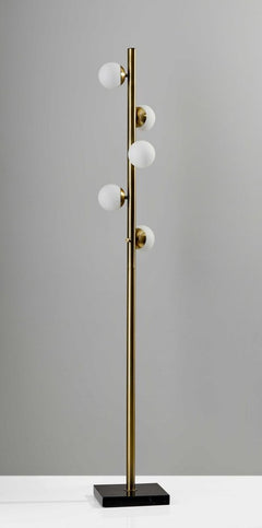 Brass Metal LED floor lamp with four white glass shades on a sleek black base. Modern and stylish design.