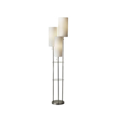 68" Silver Three Light Novelty Floor Lamp with White Linen Cylinder Shade, featuring a sleek design and modern aesthetic.