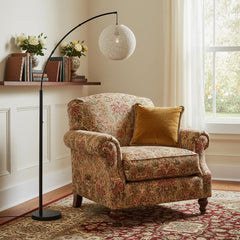 77" Antiqued Bronze Arched Floor Lamp With Groovy Beige Abstract Wicker Globe Shade