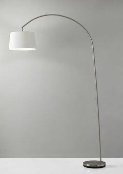 83" Silver Arc Floor Lamp with a white linen empire shade, featuring a sleek curved design and a round base.