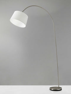 83" Silver Arc Floor Lamp with a sleek design, featuring a white linen empire shade and a round base. Ideal for modern decor.