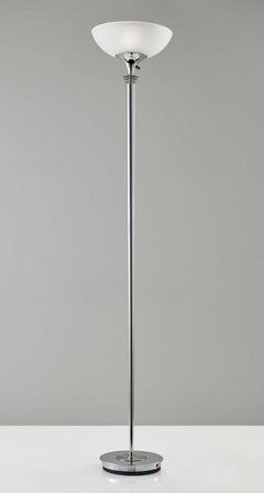 A sleek 72" silver floor lamp with a white glass shade, featuring a modern design and a circular base.
