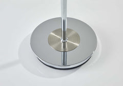 Sleek chrome base of a 72" floor lamp, featuring a round design with a white glass shade above.