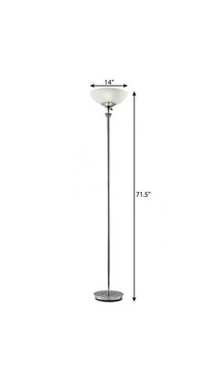 72" Silver floor lamp with a white glass shade, featuring a sleek design and a round base. Height: 71.5", shade diameter: 14"