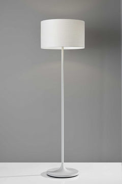 60" white floor lamp with a sleek design and white fabric drum shade, featuring a minimalist base. Ideal for modern decor.