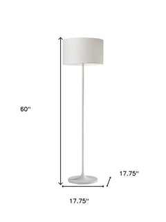 60" white floor lamp with a white fabric drum shade, featuring a sleek design and a round base measuring 17.75".