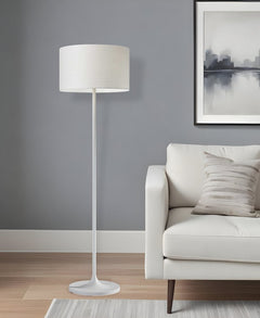 60" White Floor Lamp With White Fabric Drum Shade