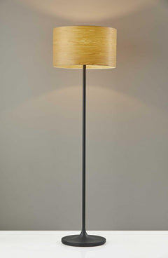 60" white floor lamp with a white fabric drum shade and a sleek black base, perfect for modern decor.