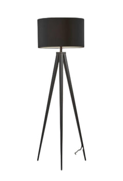 Black metal tripod floor lamp with a black fabric drum shade, featuring sleek legs and a modern design.