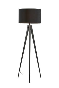 Black Metal Tripod Floor Lamp with a black fabric drum shade and three sleek legs, perfect for modern decor.