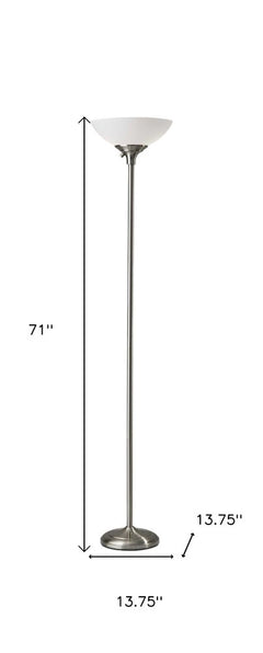 71" Silver Metal Torchiere Floor Lamp with a white bowl shade, featuring a sleek design and sturdy base. Dimensions: 71" heig