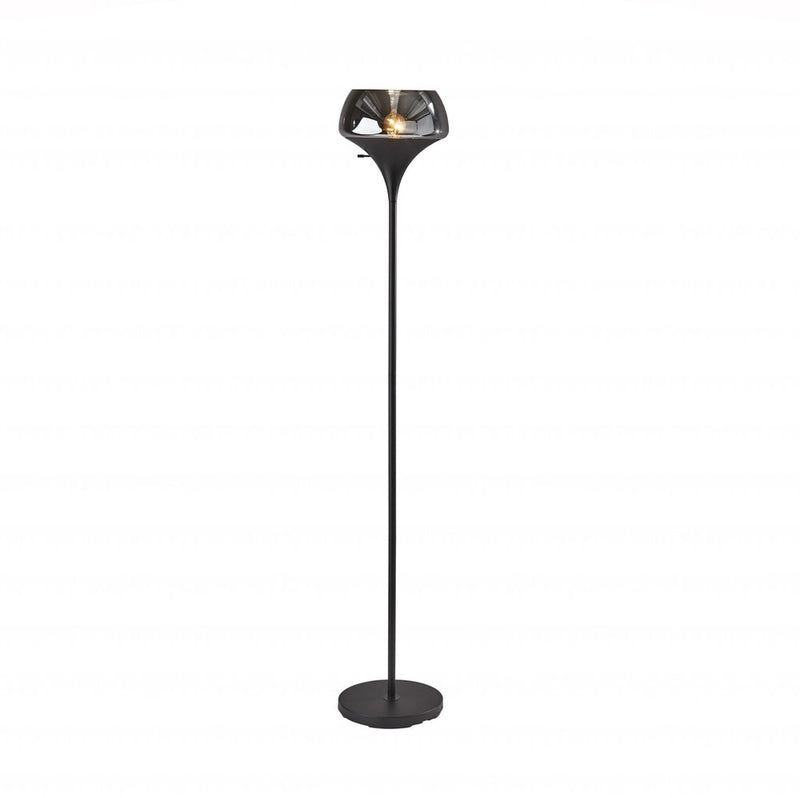 A black metal torchiere floor lamp with a black glass shade.