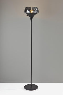 70" black floor lamp with a sleek design and black glass shade, featuring a modern, minimalist aesthetic.