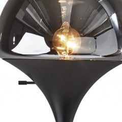 70" black floor lamp featuring a sleek design with a black glass shade and visible light bulb. Ideal for modern decor.