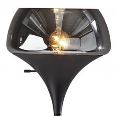 70" black floor lamp with a sleek black glass shade and visible light bulb, featuring a modern design.
