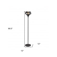 70" black floor lamp with a black glass shade, featuring a sleek design and a round base. Dimensions: 69.5" height, 12" width