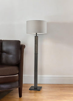 62" Black Wood And Metal Floor Lamp With Light Gray Fabric Drum Shade