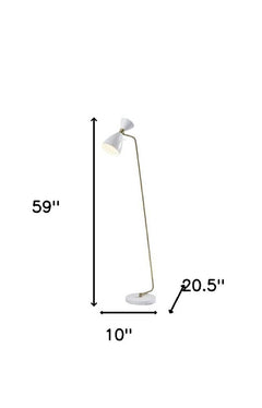 59" Gold and White Task Floor Lamp with a white metal cone shade, featuring a sleek design and adjustable height.