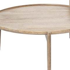 Set of two brown solid wood round nested coffee tables with a smooth surface and slender legs, showcasing a minimalist design