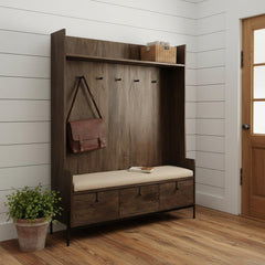 Brown Wood Cream Fabric Wrapped Seat Hall Tree with Storage featuring a bench, hooks, and drawers in a stylish entryway setti