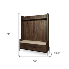 Brown wood hall tree with cream fabric seat, featuring storage drawers and hooks, measuring 70" height, 55.5" width, and 16" 