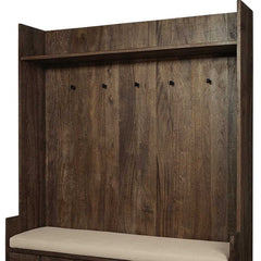 Brown wood hall tree with a cream fabric-wrapped seat, featuring a top shelf and four hooks for storage.