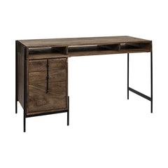 56" medium brown wooden writing desk featuring 3 drawers and 3 open shelves, with a sleek black metal frame.