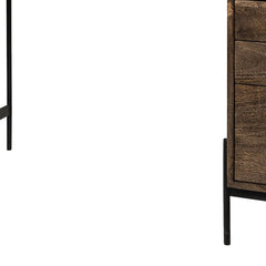 56" medium brown wooden writing desk featuring 3 drawers and 3 open shelves, with a sleek black metal frame.