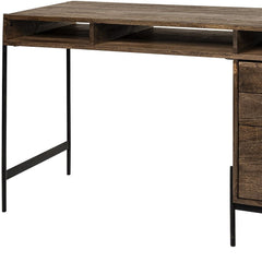 56" medium brown wooden writing desk featuring 3 drawers and 3 open shelves, supported by a sleek black metal frame.