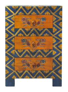 20" Blue and Brown Hand Painted Wood Accent Cabinet With Three Drawers