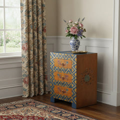 20" Blue and Brown Hand Painted Wood Accent Cabinet With Three Drawers