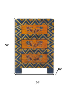 20" Blue and Brown Hand Painted Wood Accent Cabinet With Three Drawers