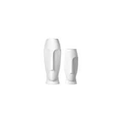 Set of two ceramic white cylinder table vases with minimalist face designs, one larger and one smaller.