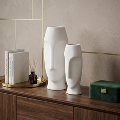 Set of Two Ceramic White Cylinder Table Vases