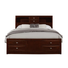 Solid Wood Full Espresso Bed with eight drawers, featuring a headboard with shelves and a sleek design.