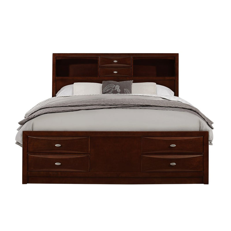 Solid Wood Full Espresso Bed with eight drawers, featuring a headboard with shelves and a sleek design.