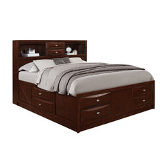 Solid Wood Full Espresso Bed with eight drawers and a headboard featuring storage compartments, upholstered in gray bedding.