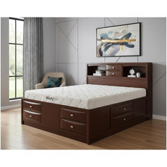 Solid Wood Full Espresso Bed with eight drawers, featuring a mattress and a stylish headboard with shelves in a modern room.