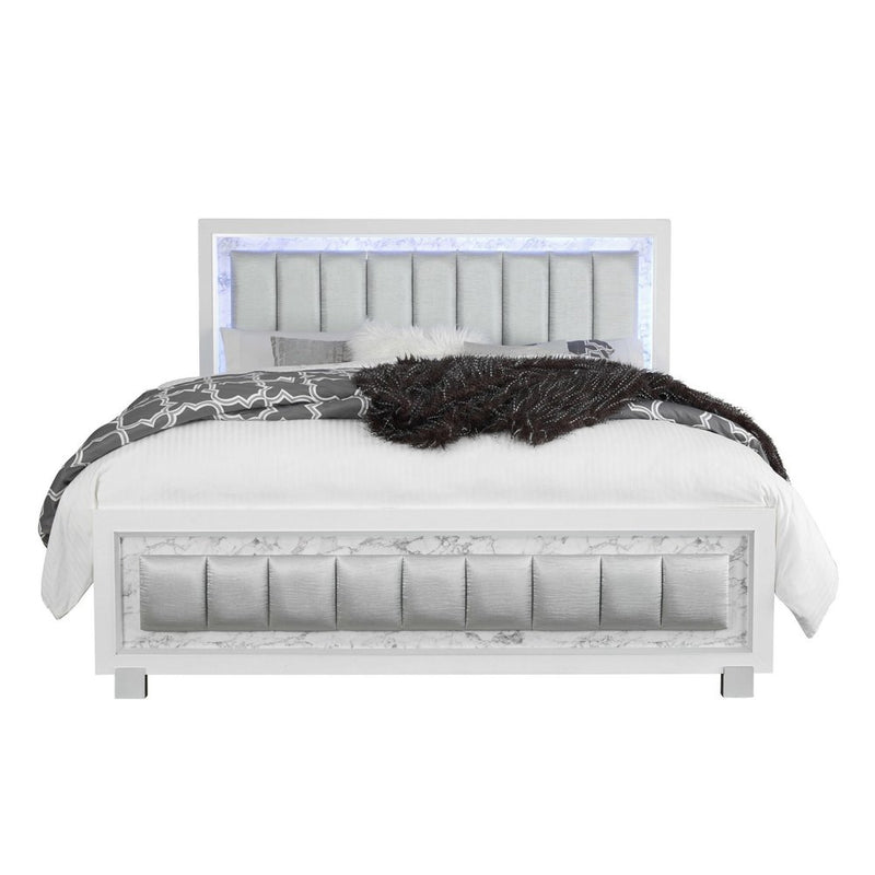 White solid wood and faux leather lighted king bed frame with a tufted headboard and modern design. Cozy bedding and throw in