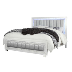 White solid wood and faux leather lighted king bed frame with tufted headboard and decorative paneling. Stylish and modern de
