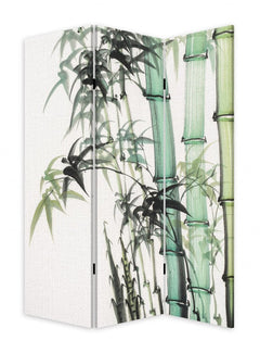 72" Green and White Canvas Folding Three Panel Screen Room Divider featuring a bamboo design on a textured background.