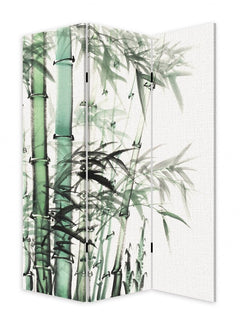 72" Green and White Canvas Folding Three Panel Screen Room Divider featuring a bamboo design on a textured background.