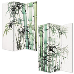 72" Green and White Canvas Folding Three Panel Screen Room Divider featuring a bamboo design on both sides.