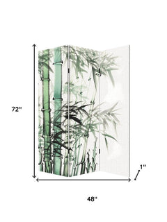 72" green and white canvas folding three-panel screen room divider featuring a bamboo design. Dimensions: 72" x 48" x 1".
