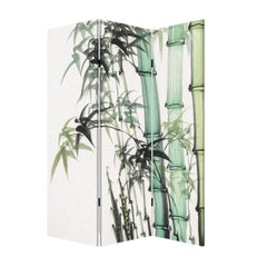 72" Green and White Canvas Folding Three Panel Screen Room Divider featuring bamboo design on a textured background.