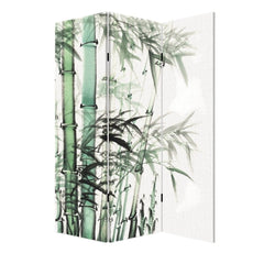 72" Green and White Canvas Folding Three Panel Screen Room Divider featuring a bamboo design on a textured background.