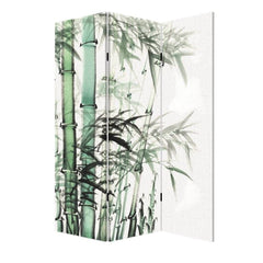 72" Green and White Canvas Folding Three Panel Screen Room Divider featuring a bamboo design for stylish privacy and decor.